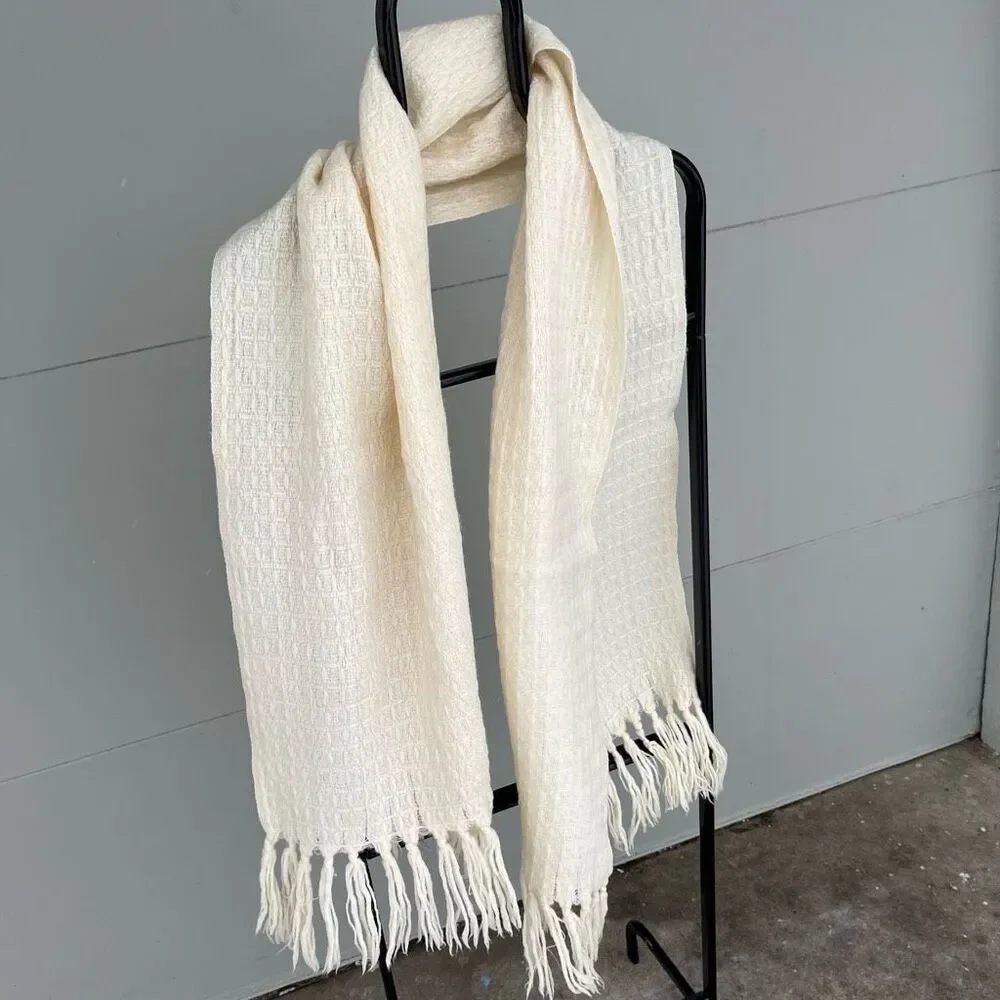 Vintage Cream Wool Woven Fringed Scarf Wrap 71